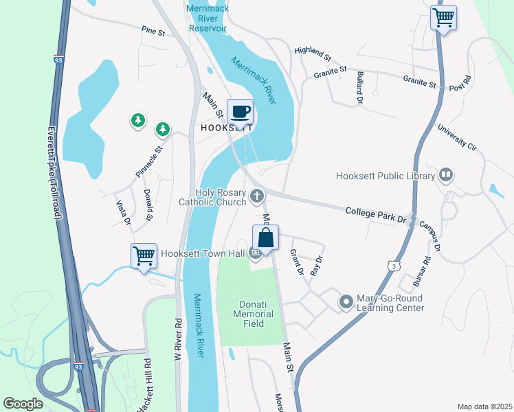 map of restaurants, bars, coffee shops, grocery stores, and more near 21 South Main Street in Hooksett