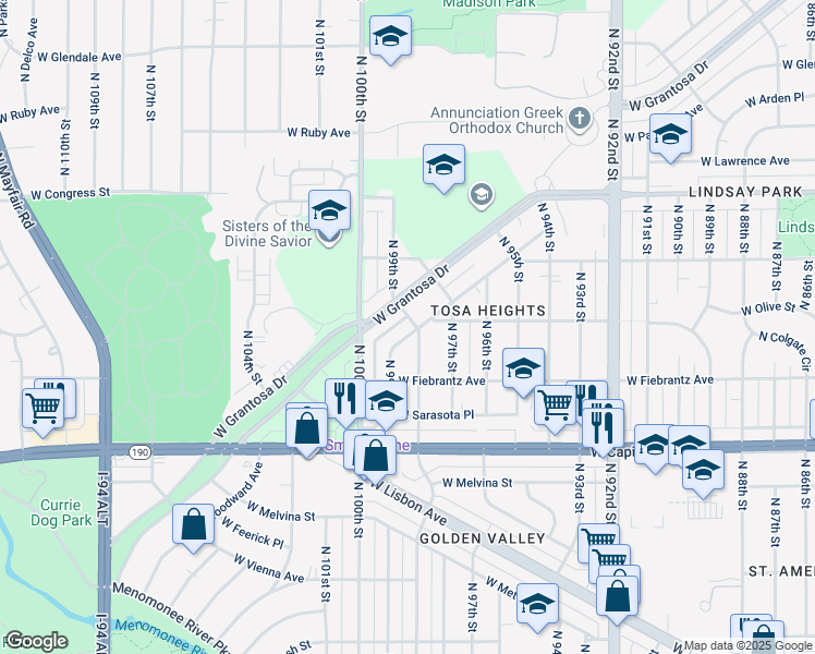 map of restaurants, bars, coffee shops, grocery stores, and more near 9802 West Palmetto Avenue in Wauwatosa