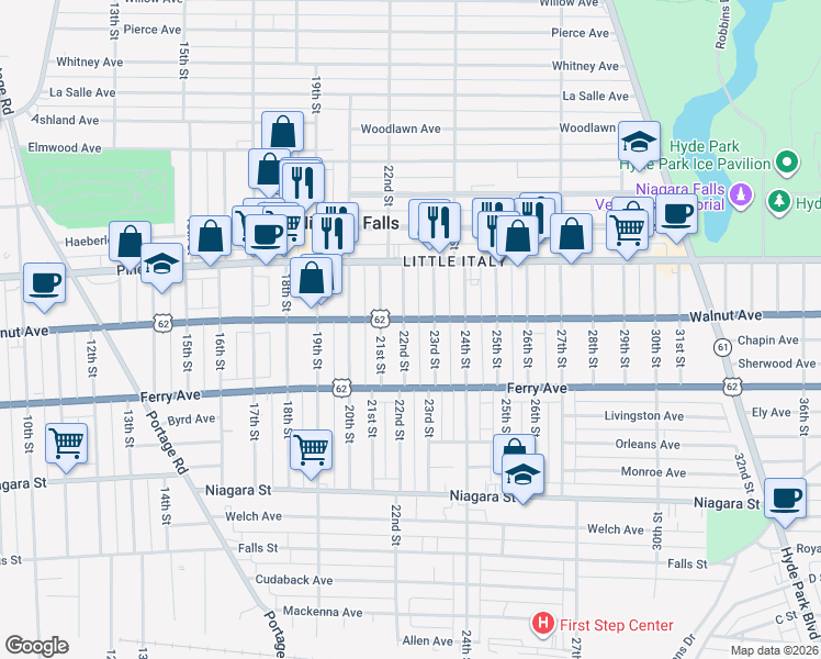 map of restaurants, bars, coffee shops, grocery stores, and more near 559 22nd Street in Niagara Falls
