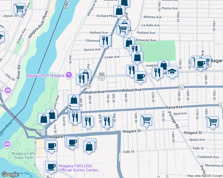 map of restaurants, bars, coffee shops, grocery stores, and more near 616 7th Street in Niagara Falls