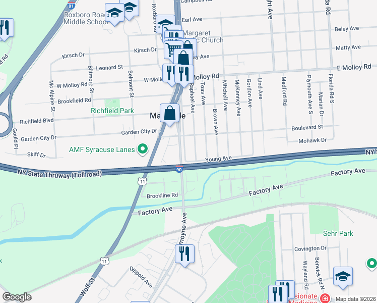 map of restaurants, bars, coffee shops, grocery stores, and more near 304 Raphael Avenue in Mattydale