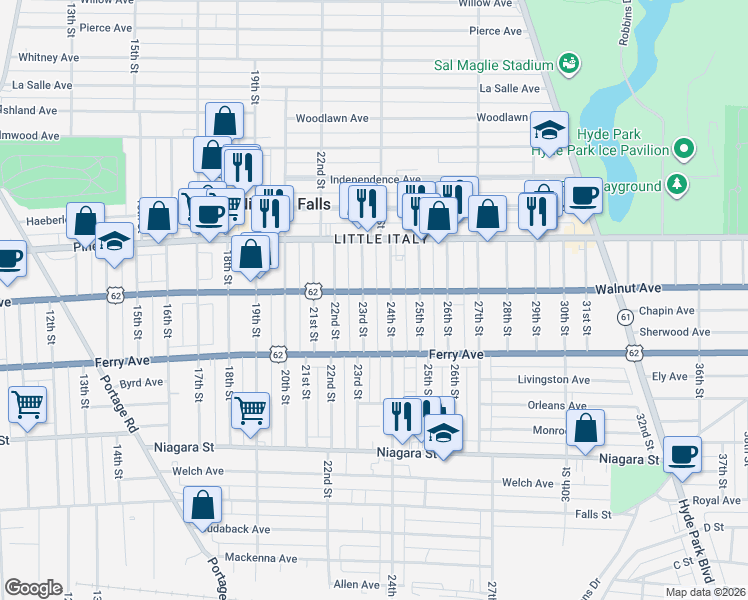 map of restaurants, bars, coffee shops, grocery stores, and more near 604 24th Street in Niagara Falls
