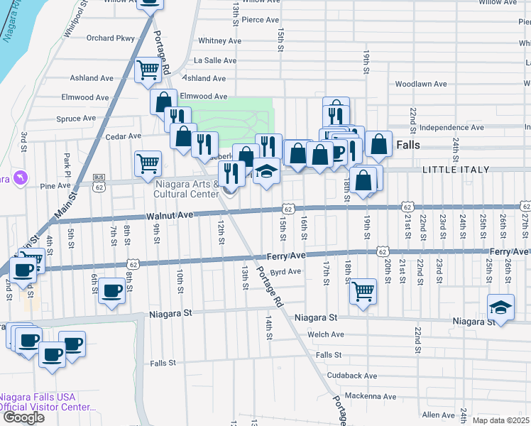 map of restaurants, bars, coffee shops, grocery stores, and more near 1322 Walnut Avenue in Niagara Falls