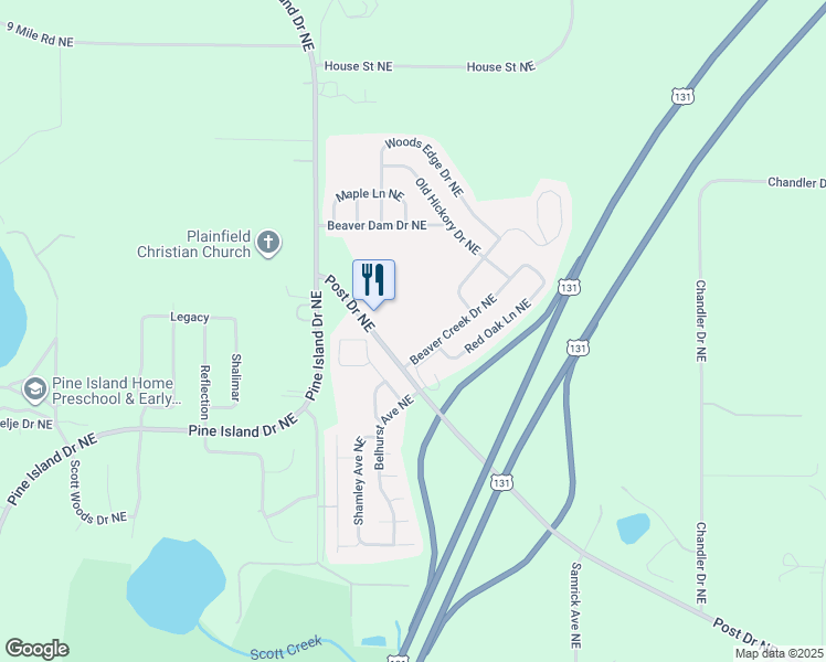 map of restaurants, bars, coffee shops, grocery stores, and more near 1391 Beaver Creek Drive Northeast in Plainfield charter Township