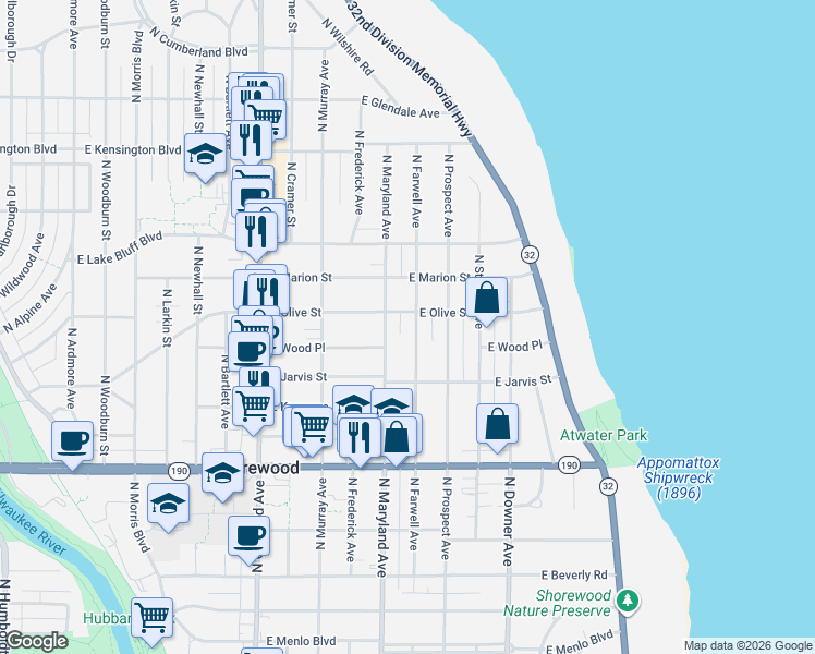 map of restaurants, bars, coffee shops, grocery stores, and more near 4162 North Maryland Avenue in Shorewood
