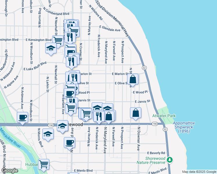 map of restaurants, bars, coffee shops, grocery stores, and more near 4162 North Maryland Avenue in Shorewood