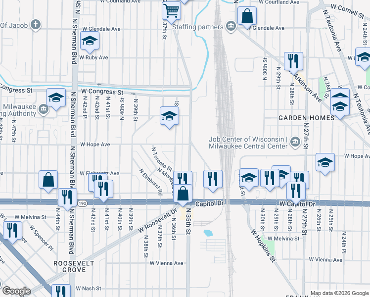 map of restaurants, bars, coffee shops, grocery stores, and more near in Milwaukee