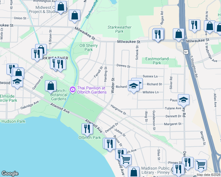 map of restaurants, bars, coffee shops, grocery stores, and more near 3518 Richard Street in Madison