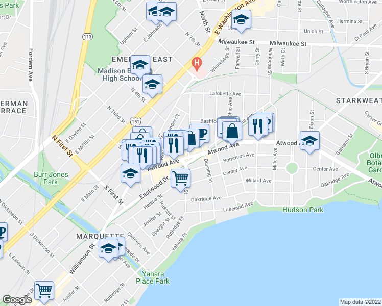 map of restaurants, bars, coffee shops, grocery stores, and more near 253 Division Street in Madison