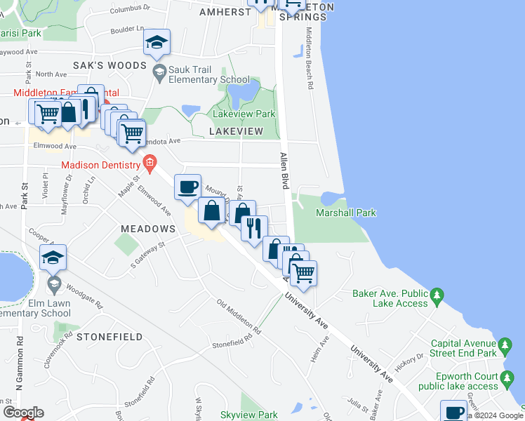 map of restaurants, bars, coffee shops, grocery stores, and more near 2122 Allen Boulevard in Middleton