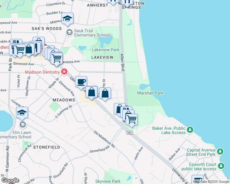 map of restaurants, bars, coffee shops, grocery stores, and more near 2122 Allen Boulevard in Middleton