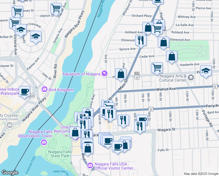 map of restaurants, bars, coffee shops, grocery stores, and more near 609 3rd Street in Niagara Falls