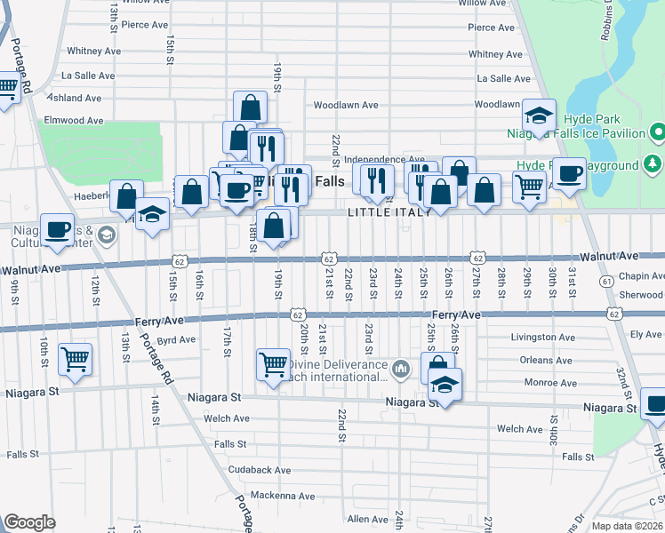 map of restaurants, bars, coffee shops, grocery stores, and more near 606 21st Street in Niagara Falls