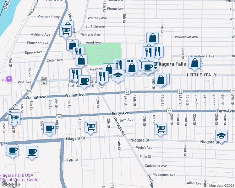 map of restaurants, bars, coffee shops, grocery stores, and more near 1322 Walnut Avenue in Niagara Falls