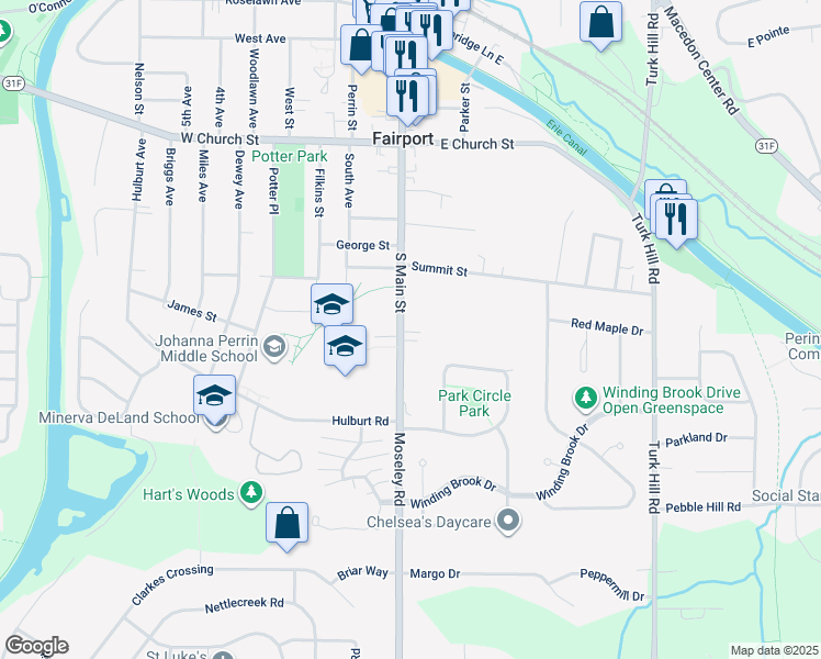 map of restaurants, bars, coffee shops, grocery stores, and more near 205 South Main Street in Fairport