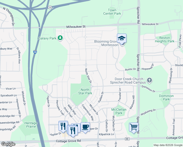 map of restaurants, bars, coffee shops, grocery stores, and more near 6102 Aries Way in Madison
