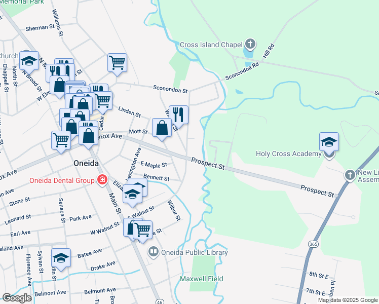 map of restaurants, bars, coffee shops, grocery stores, and more near 338 East Walnut Street in Oneida