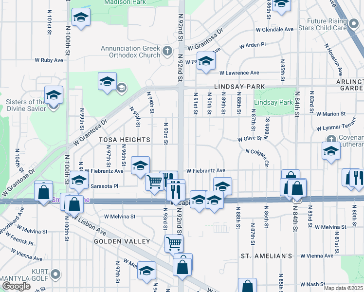 map of restaurants, bars, coffee shops, grocery stores, and more near 4206 N 92nd St in Milwaukee