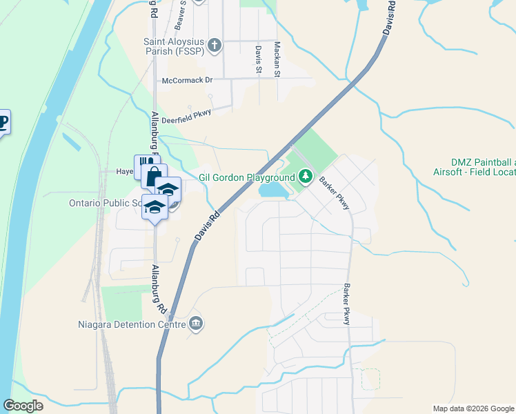 map of restaurants, bars, coffee shops, grocery stores, and more near 49 Sunset Way in Thorold