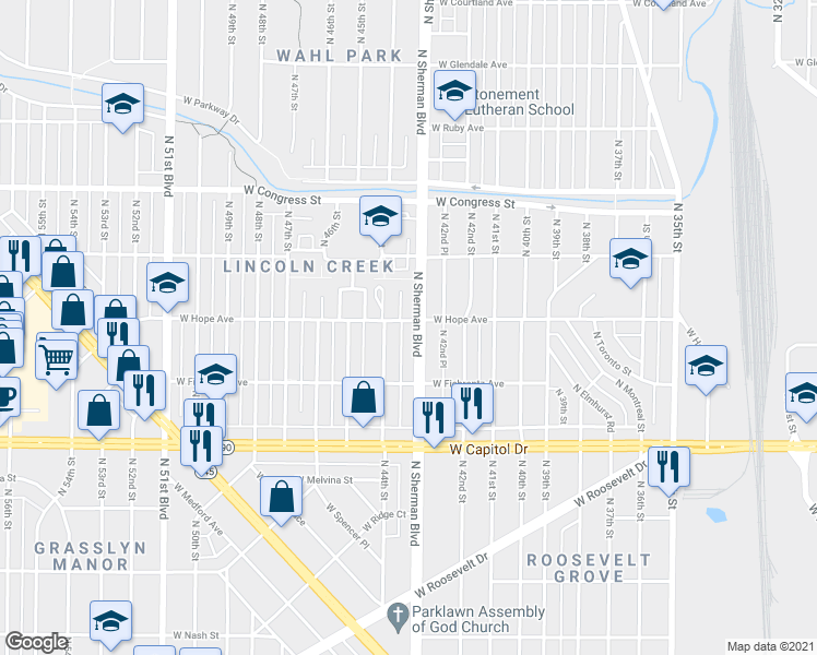 map of restaurants, bars, coffee shops, grocery stores, and more near 4177 North Sherman Boulevard in Milwaukee