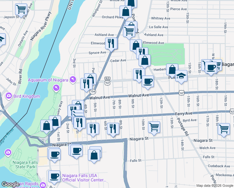 map of restaurants, bars, coffee shops, grocery stores, and more near 616 7th Street in Niagara Falls