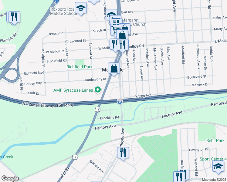 map of restaurants, bars, coffee shops, grocery stores, and more near 115 Harrington Street in Syracuse