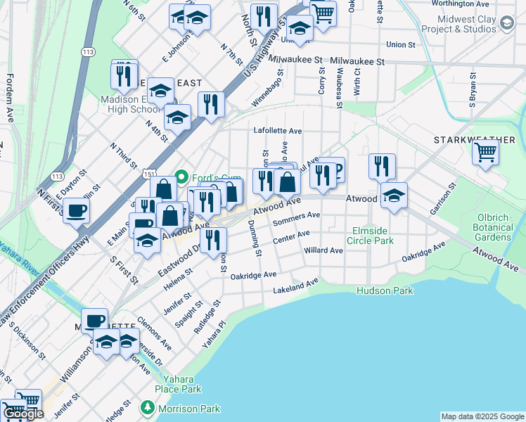 map of restaurants, bars, coffee shops, grocery stores, and more near 2225 Atwood Avenue in Madison