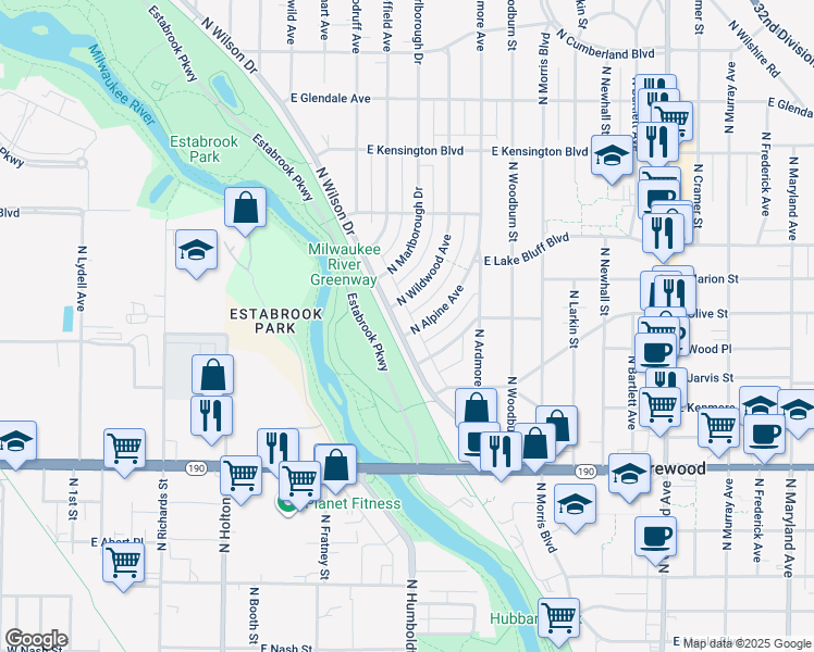 map of restaurants, bars, coffee shops, grocery stores, and more near 4272 North Wilson Drive in Shorewood