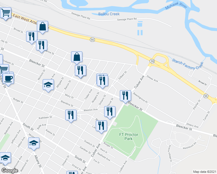 map of restaurants, bars, coffee shops, grocery stores, and more near 416 Ontario Street in Utica