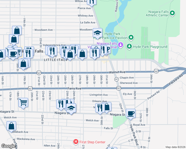 map of restaurants, bars, coffee shops, grocery stores, and more near 2825 Walnut Avenue in Niagara Falls