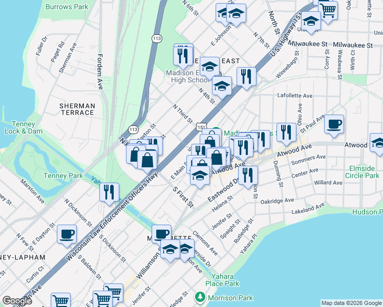 map of restaurants, bars, coffee shops, grocery stores, and more near 18 South 2nd Street in Madison