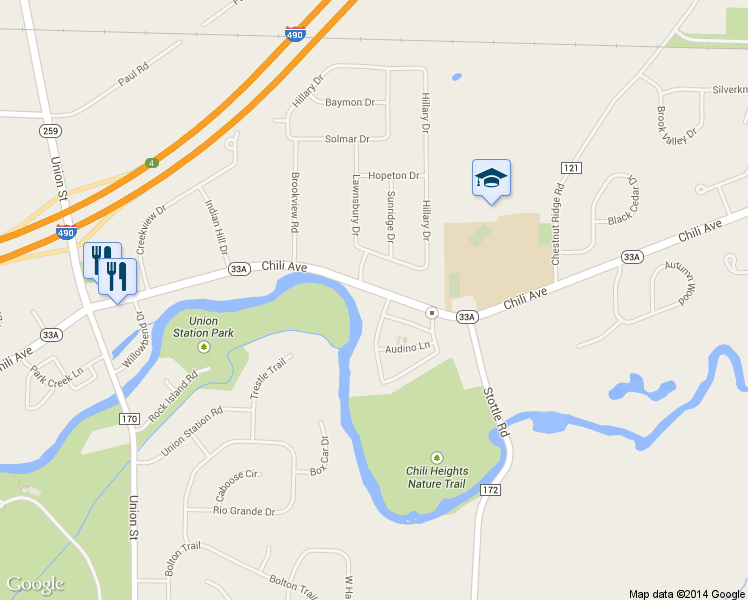 map of restaurants, bars, coffee shops, grocery stores, and more near 3649 Chili Avenue in Rochester