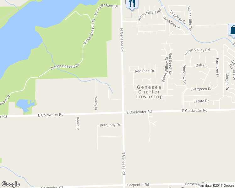 map of restaurants, bars, coffee shops, grocery stores, and more near 6065 North Genesee Road in Flint