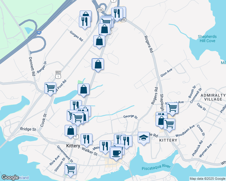 map of restaurants, bars, coffee shops, grocery stores, and more near 100 Village Green Drive in Kittery