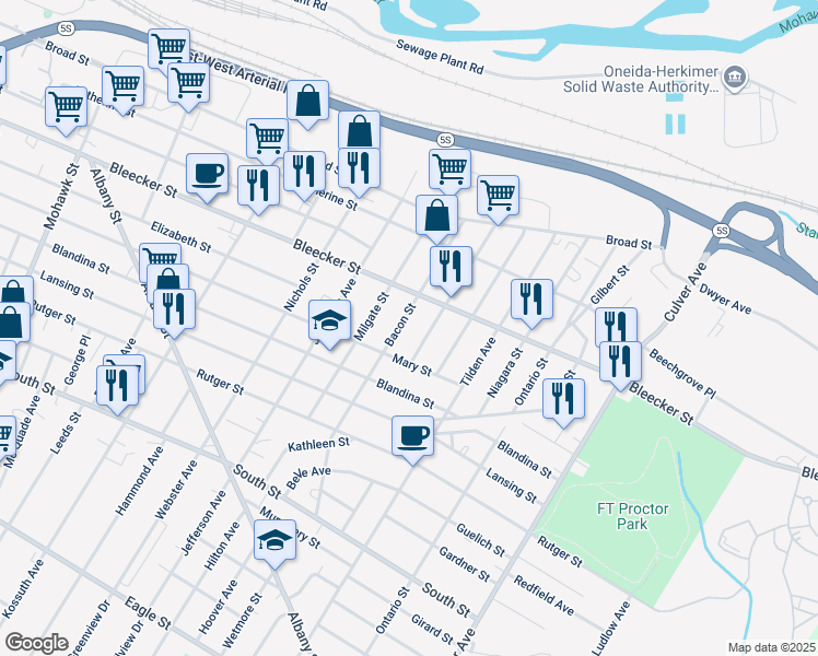 map of restaurants, bars, coffee shops, grocery stores, and more near 516 Bacon Street in Utica