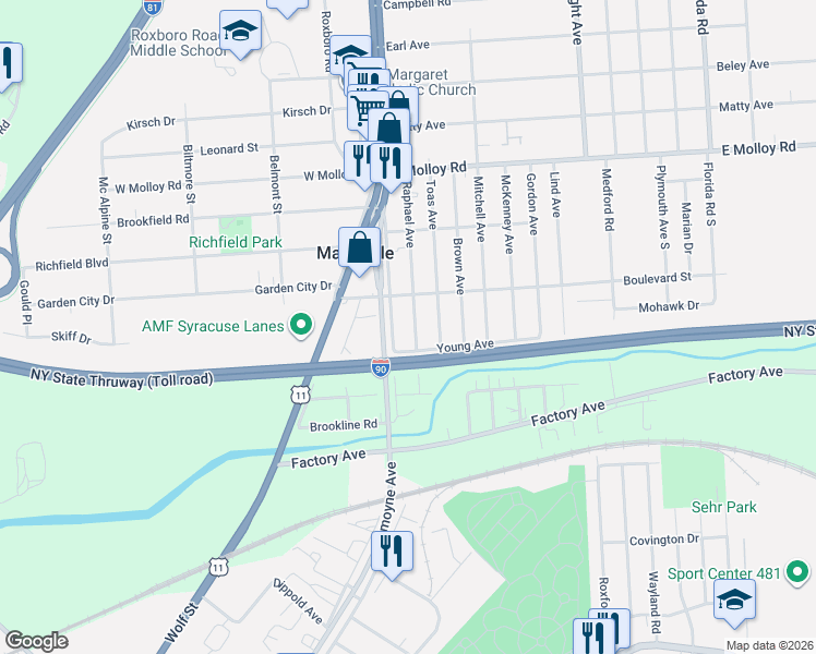 map of restaurants, bars, coffee shops, grocery stores, and more near 304 Raphael Avenue in Mattydale