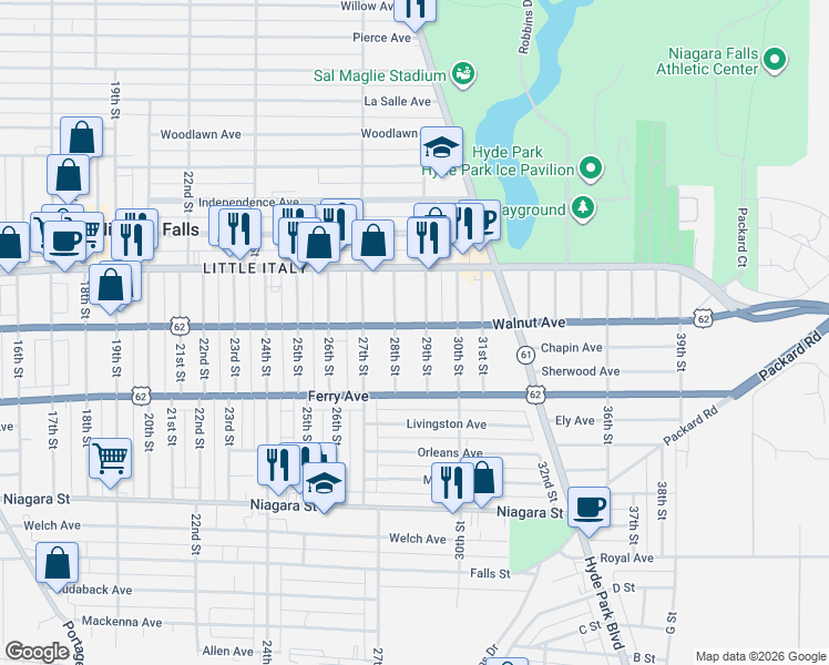 map of restaurants, bars, coffee shops, grocery stores, and more near 2821 Walnut Avenue in Niagara Falls