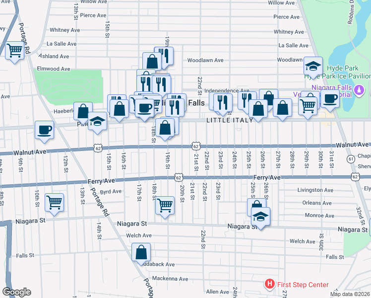 map of restaurants, bars, coffee shops, grocery stores, and more near 1922 Walnut Avenue in Niagara Falls