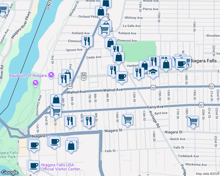 map of restaurants, bars, coffee shops, grocery stores, and more near 611 9th Street in Niagara Falls