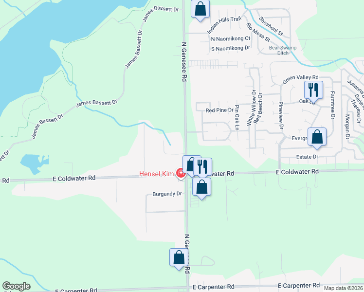 map of restaurants, bars, coffee shops, grocery stores, and more near 6065 North Genesee Road in Flint