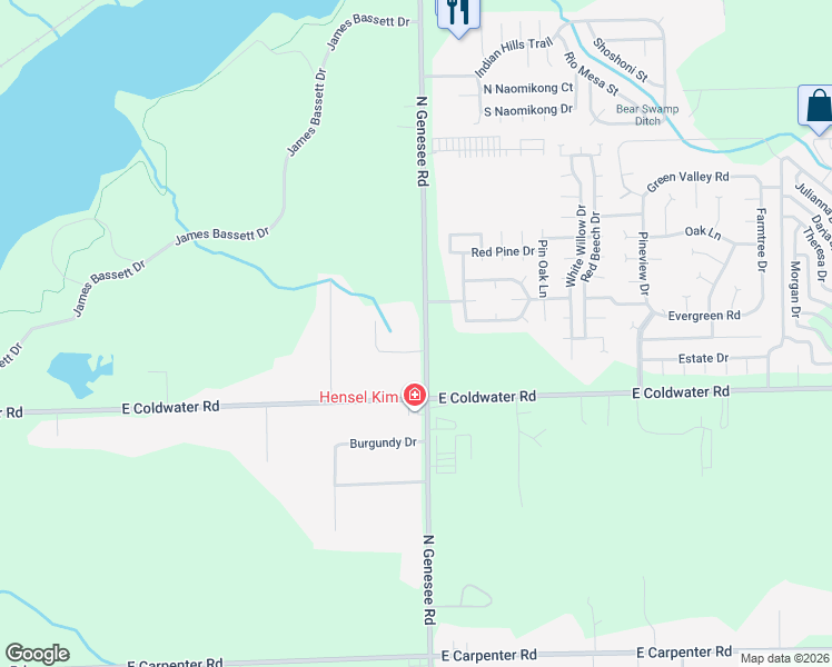 map of restaurants, bars, coffee shops, grocery stores, and more near 6065 North Genesee Road in Flint