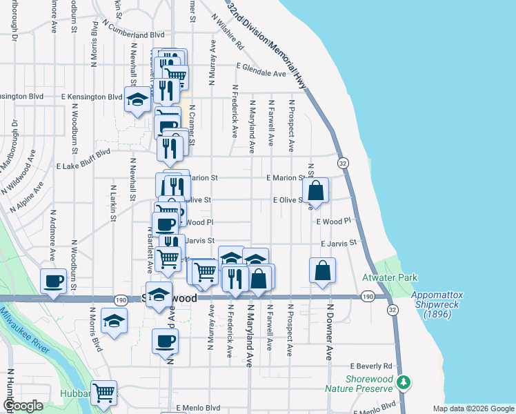 map of restaurants, bars, coffee shops, grocery stores, and more near 4162 North Maryland Avenue in Shorewood