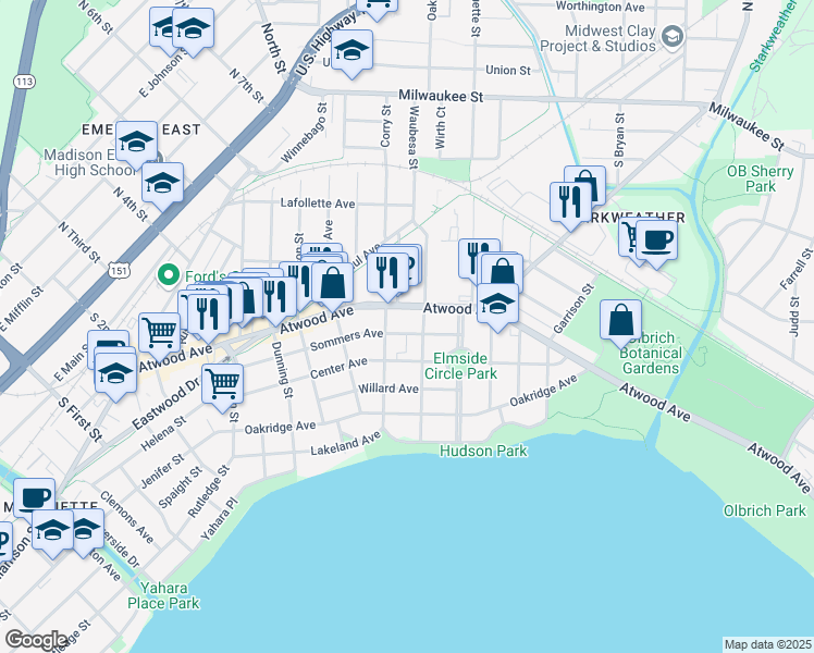 map of restaurants, bars, coffee shops, grocery stores, and more near 2713 Atwood Avenue in Madison