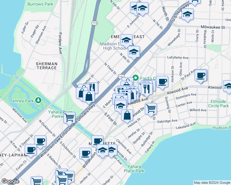 map of restaurants, bars, coffee shops, grocery stores, and more near 18 South 2nd Street in Madison