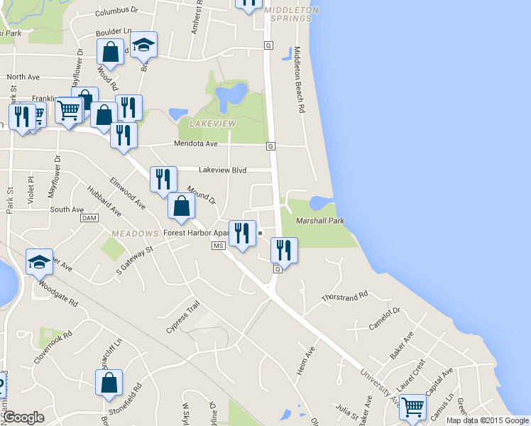 map of restaurants, bars, coffee shops, grocery stores, and more near 2122 Allen Boulevard in Middleton