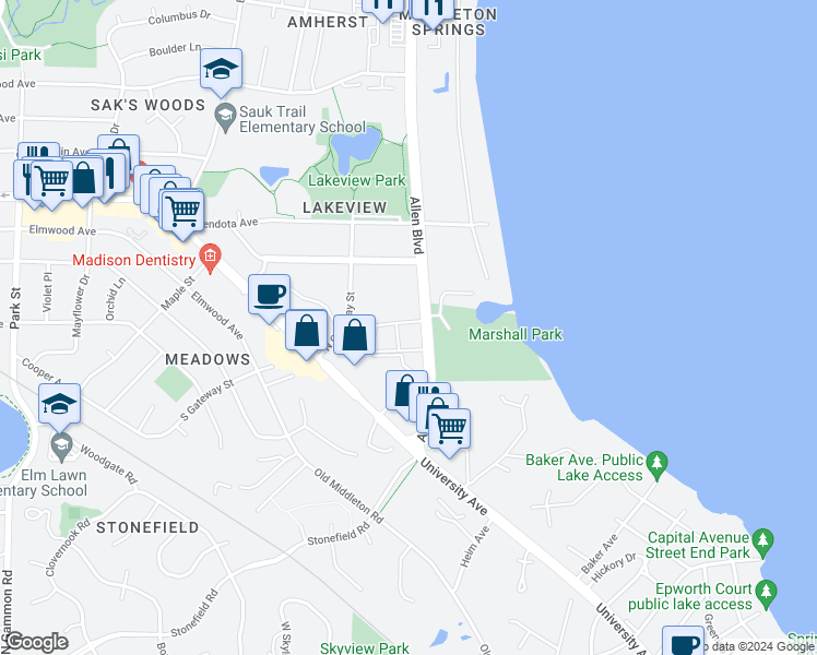 map of restaurants, bars, coffee shops, grocery stores, and more near 2118 Allen Boulevard in Middleton