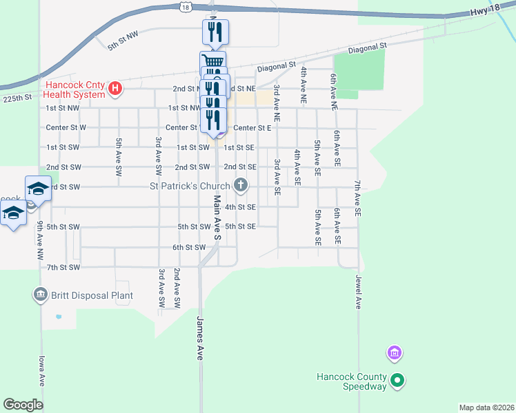 map of restaurants, bars, coffee shops, grocery stores, and more near 198 4th Street Southeast in Britt