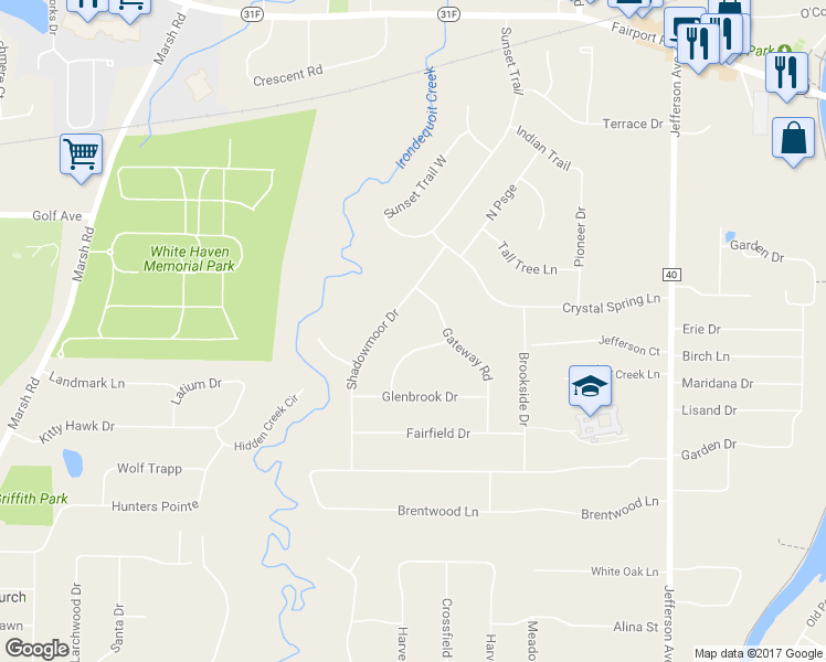 map of restaurants, bars, coffee shops, grocery stores, and more near 10 Meeting House Road in Fairport