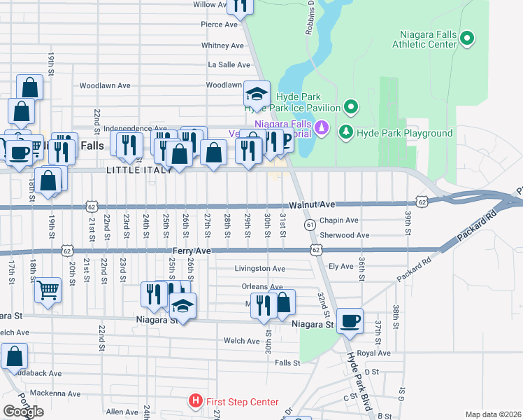 map of restaurants, bars, coffee shops, grocery stores, and more near 2905 Walnut Avenue in Niagara Falls