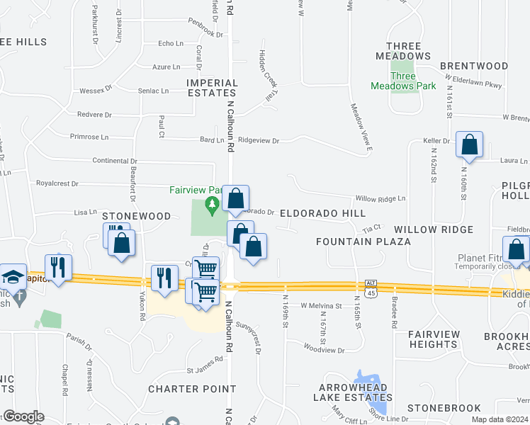 map of restaurants, bars, coffee shops, grocery stores, and more near 17045 Eldorado Drive in Brookfield